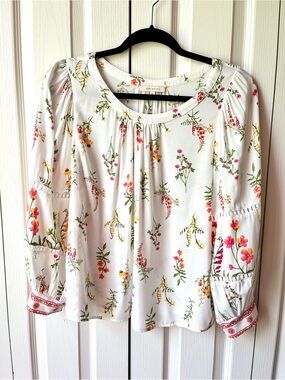 Skies Are Blue White Pink Floral Blouse Flowy Puff Sleeves Womens XS/S
